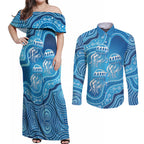 Aboriginal Ocean Jellyfish Couples Matching Off Shoulder Maxi Dress and Long Sleeve Button Shirt Dot Art Dreamtime Style