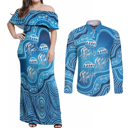 Aboriginal Ocean Jellyfish Couples Matching Off Shoulder Maxi Dress and Long Sleeve Button Shirt Dot Art Dreamtime Style