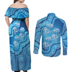 Aboriginal Ocean Jellyfish Couples Matching Off Shoulder Maxi Dress and Long Sleeve Button Shirt Dot Art Dreamtime Style