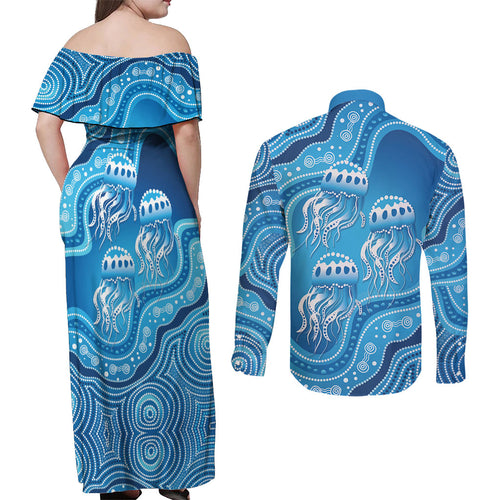 Aboriginal Ocean Jellyfish Couples Matching Off Shoulder Maxi Dress and Long Sleeve Button Shirt Dot Art Dreamtime Style