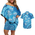 Aboriginal Ocean Jellyfish Couples Matching Off Shoulder Short Dress and Hawaiian Shirt Dot Art Dreamtime Style