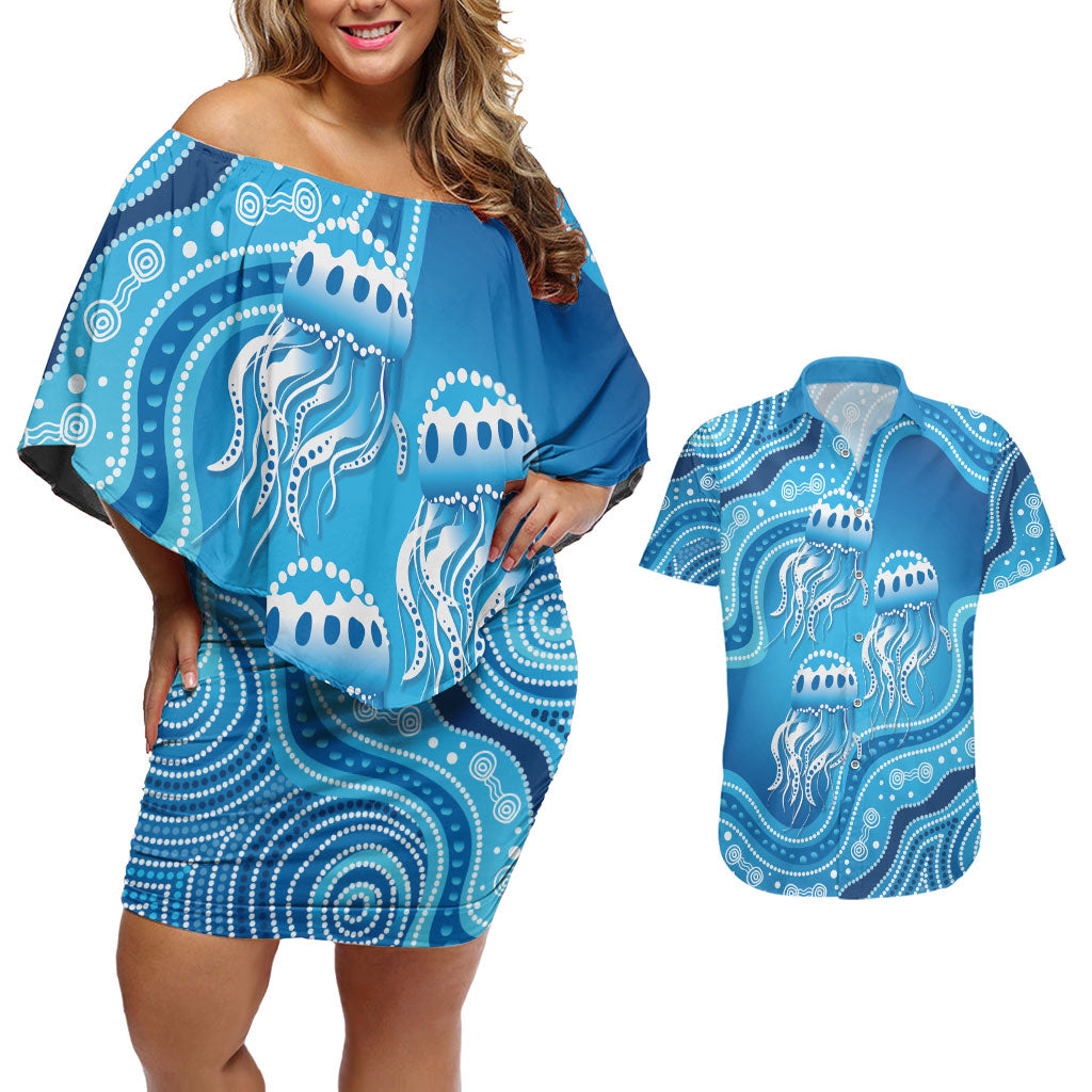 Aboriginal Ocean Jellyfish Couples Matching Off Shoulder Short Dress and Hawaiian Shirt Dot Art Dreamtime Style