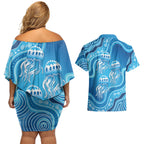 Aboriginal Ocean Jellyfish Couples Matching Off Shoulder Short Dress and Hawaiian Shirt Dot Art Dreamtime Style
