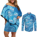 Aboriginal Ocean Jellyfish Couples Matching Off Shoulder Short Dress and Long Sleeve Button Shirt Dot Art Dreamtime Style
