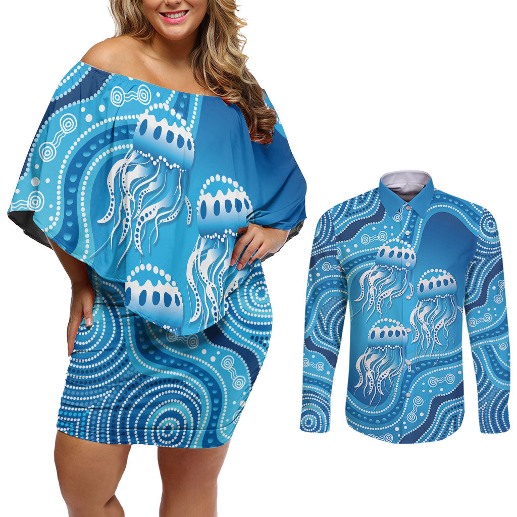 Aboriginal Ocean Jellyfish Couples Matching Off Shoulder Short Dress and Long Sleeve Button Shirt Dot Art Dreamtime Style