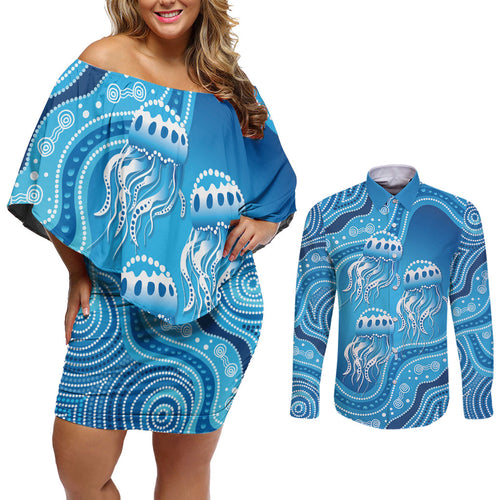 Aboriginal Ocean Jellyfish Couples Matching Off Shoulder Short Dress and Long Sleeve Button Shirt Dot Art Dreamtime Style