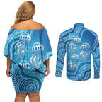 Aboriginal Ocean Jellyfish Couples Matching Off Shoulder Short Dress and Long Sleeve Button Shirt Dot Art Dreamtime Style