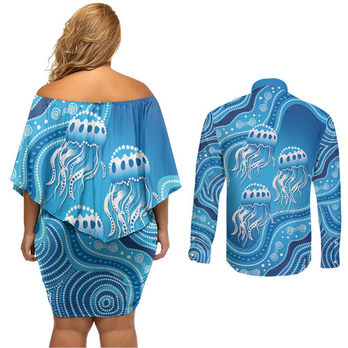 Aboriginal Ocean Jellyfish Couples Matching Off Shoulder Short Dress and Long Sleeve Button Shirt Dot Art Dreamtime Style