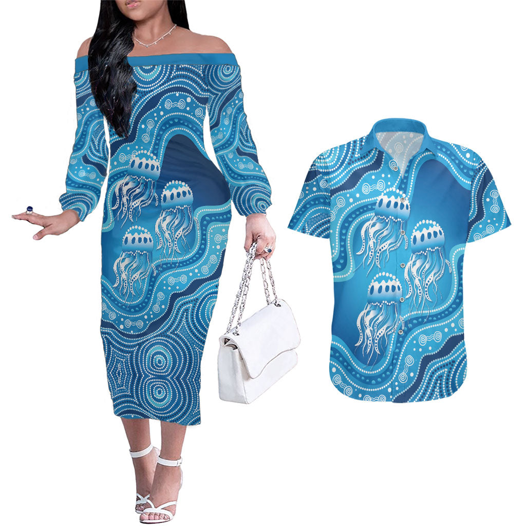 Aboriginal Ocean Jellyfish Couples Matching Off The Shoulder Long Sleeve Dress and Hawaiian Shirt Dot Art Dreamtime Style