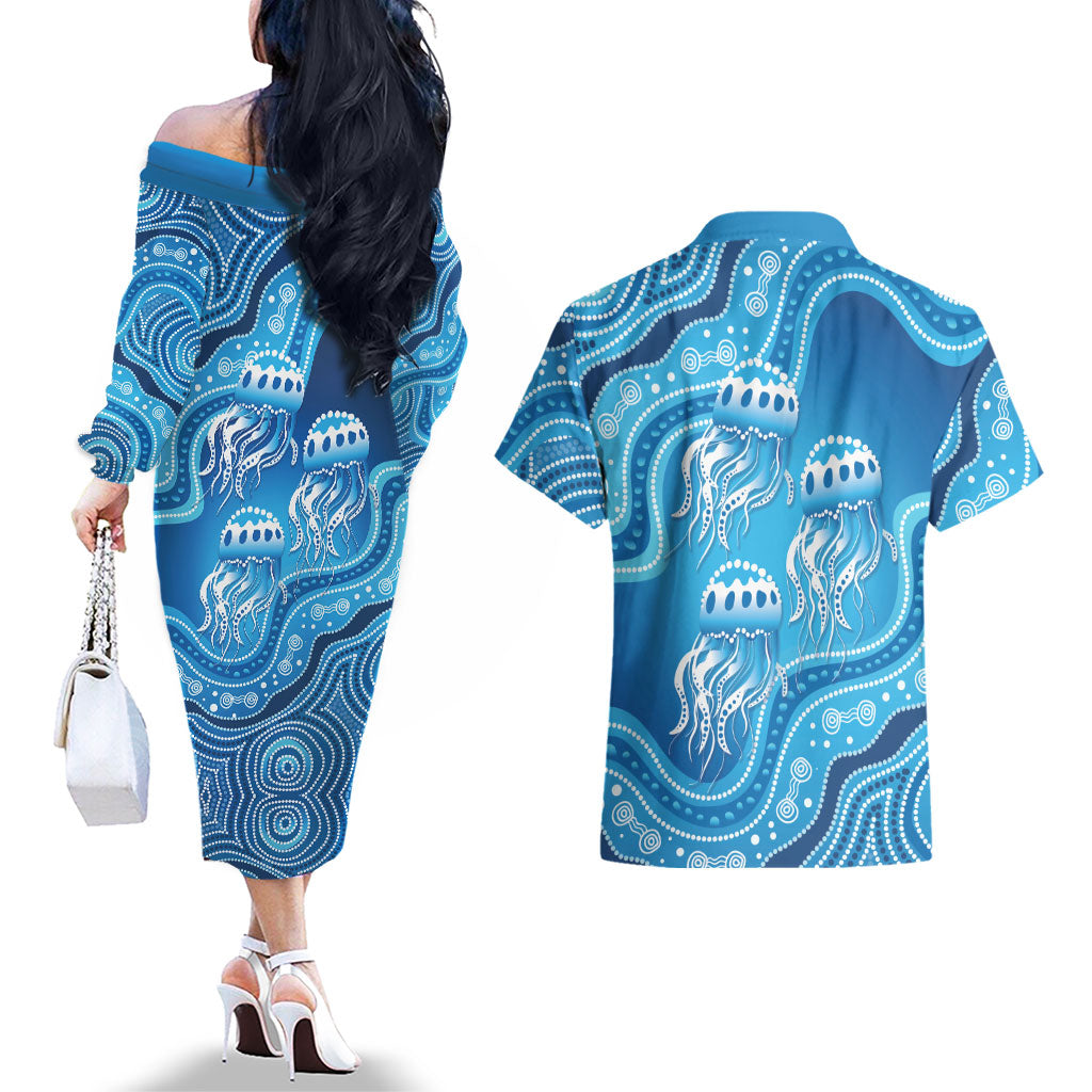 Aboriginal Ocean Jellyfish Couples Matching Off The Shoulder Long Sleeve Dress and Hawaiian Shirt Dot Art Dreamtime Style
