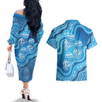 Aboriginal Ocean Jellyfish Couples Matching Off The Shoulder Long Sleeve Dress and Hawaiian Shirt Dot Art Dreamtime Style