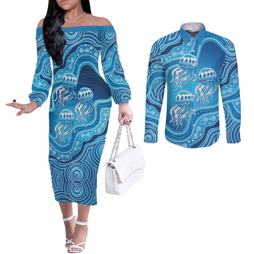 Aboriginal Ocean Jellyfish Couples Matching Off The Shoulder Long Sleeve Dress and Long Sleeve Button Shirt Dot Art Dreamtime Style