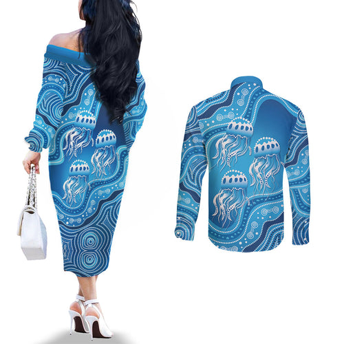 Aboriginal Ocean Jellyfish Couples Matching Off The Shoulder Long Sleeve Dress and Long Sleeve Button Shirt Dot Art Dreamtime Style