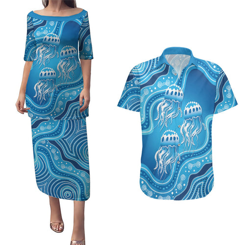 Aboriginal Ocean Jellyfish Couples Matching Puletasi and Hawaiian Shirt Dot Art Dreamtime Style