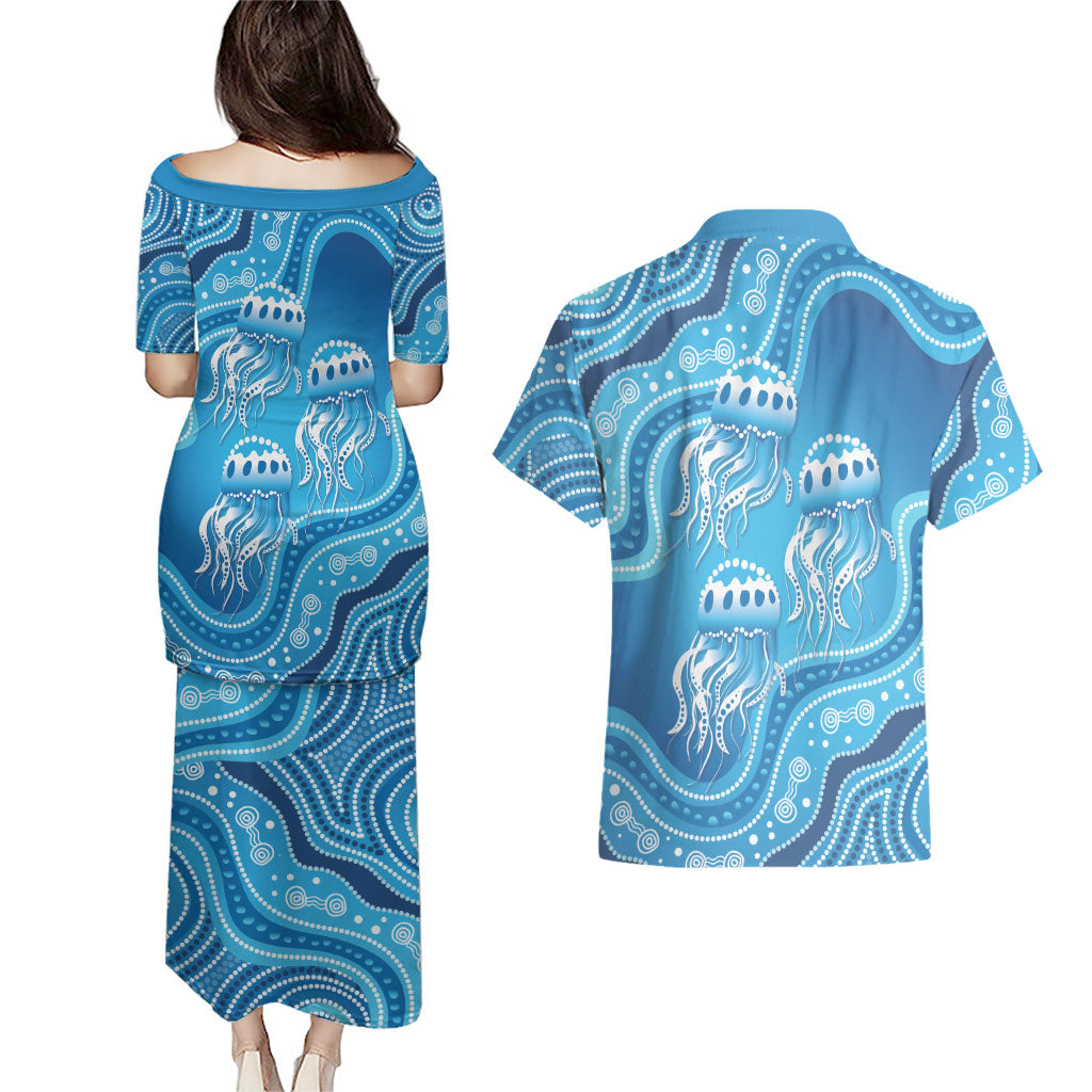 Aboriginal Ocean Jellyfish Couples Matching Puletasi and Hawaiian Shirt Dot Art Dreamtime Style