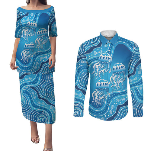 Aboriginal Ocean Jellyfish Couples Matching Puletasi and Long Sleeve Button Shirt Dot Art Dreamtime Style