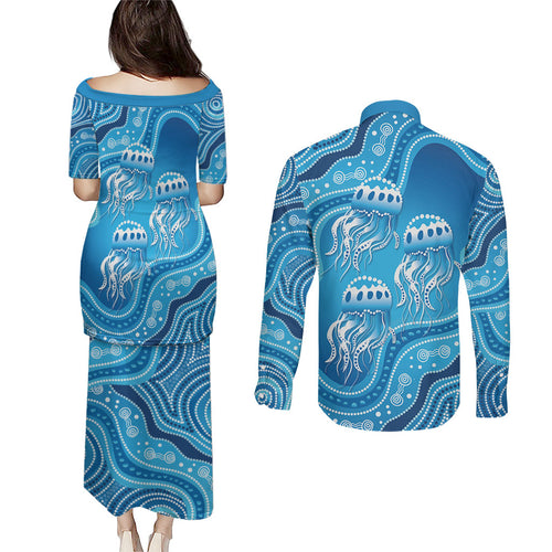 Aboriginal Ocean Jellyfish Couples Matching Puletasi and Long Sleeve Button Shirt Dot Art Dreamtime Style