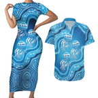 Aboriginal Ocean Jellyfish Couples Matching Short Sleeve Bodycon Dress and Hawaiian Shirt Dot Art Dreamtime Style