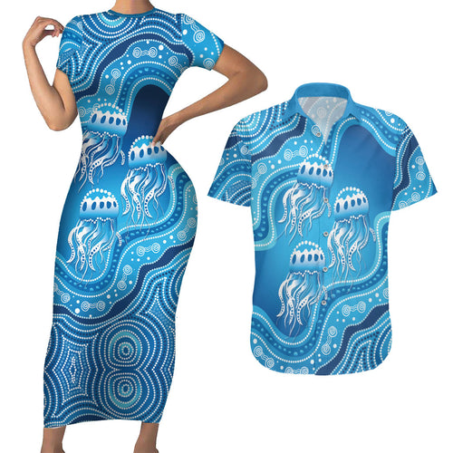 Aboriginal Ocean Jellyfish Couples Matching Short Sleeve Bodycon Dress and Hawaiian Shirt Dot Art Dreamtime Style