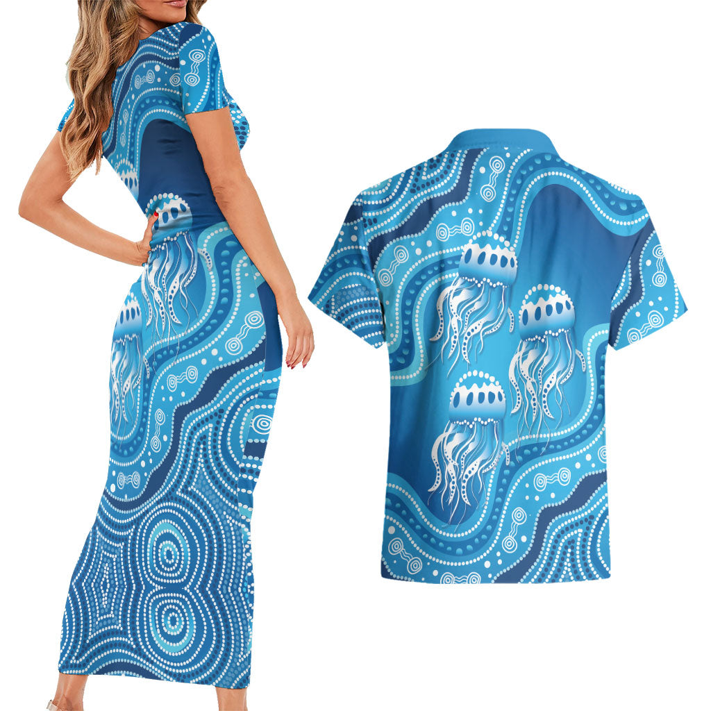 Aboriginal Ocean Jellyfish Couples Matching Short Sleeve Bodycon Dress and Hawaiian Shirt Dot Art Dreamtime Style