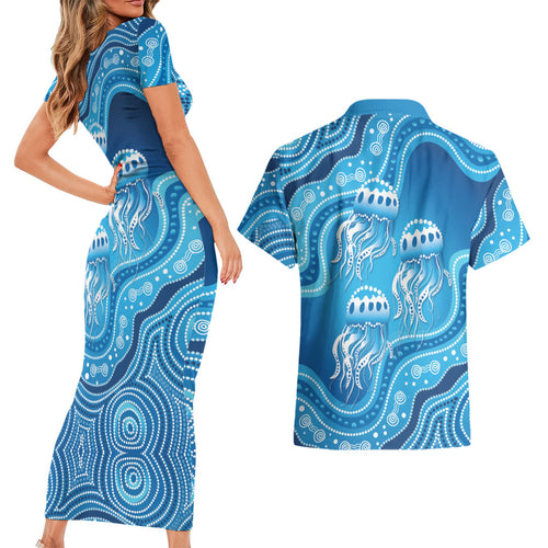 Aboriginal Ocean Jellyfish Couples Matching Short Sleeve Bodycon Dress and Hawaiian Shirt Dot Art Dreamtime Style