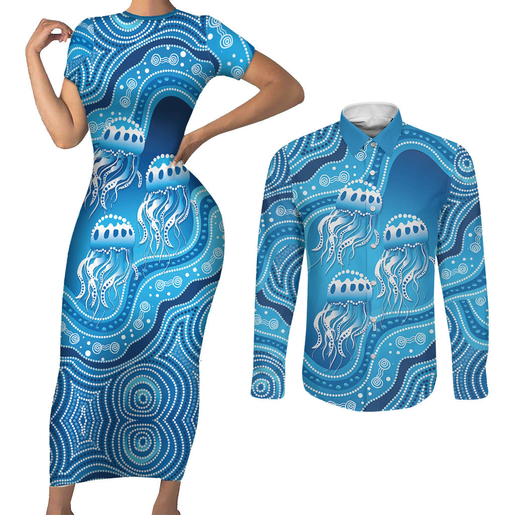 Aboriginal Ocean Jellyfish Couples Matching Short Sleeve Bodycon Dress and Long Sleeve Button Shirt Dot Art Dreamtime Style