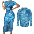 Aboriginal Ocean Jellyfish Couples Matching Short Sleeve Bodycon Dress and Long Sleeve Button Shirt Dot Art Dreamtime Style