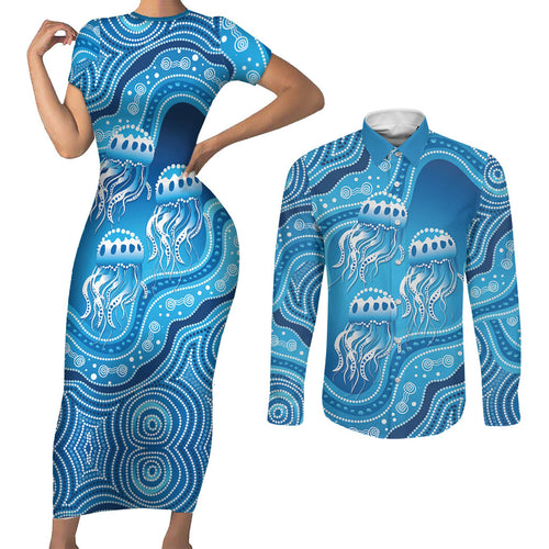 Aboriginal Ocean Jellyfish Couples Matching Short Sleeve Bodycon Dress and Long Sleeve Button Shirt Dot Art Dreamtime Style