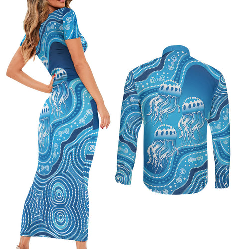 Aboriginal Ocean Jellyfish Couples Matching Short Sleeve Bodycon Dress and Long Sleeve Button Shirt Dot Art Dreamtime Style
