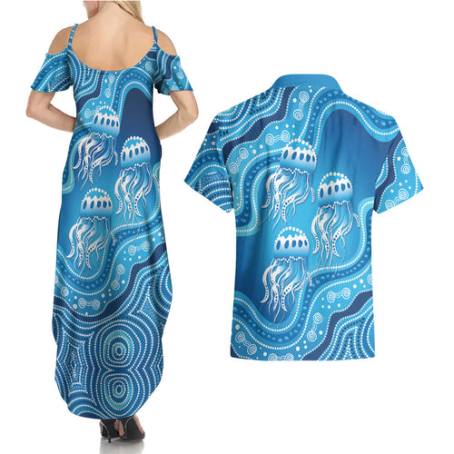 Aboriginal Ocean Jellyfish Couples Matching Summer Maxi Dress and Hawaiian Shirt Dot Art Dreamtime Style