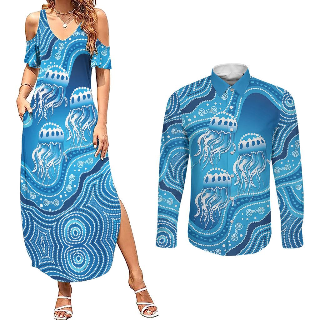 Aboriginal Ocean Jellyfish Couples Matching Summer Maxi Dress and Long Sleeve Button Shirt Dot Art Dreamtime Style