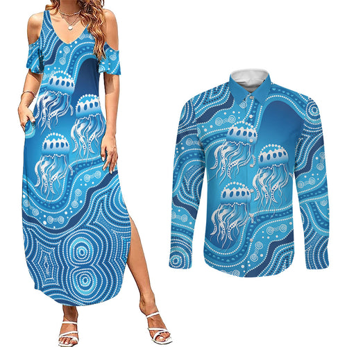 Aboriginal Ocean Jellyfish Couples Matching Summer Maxi Dress and Long Sleeve Button Shirt Dot Art Dreamtime Style