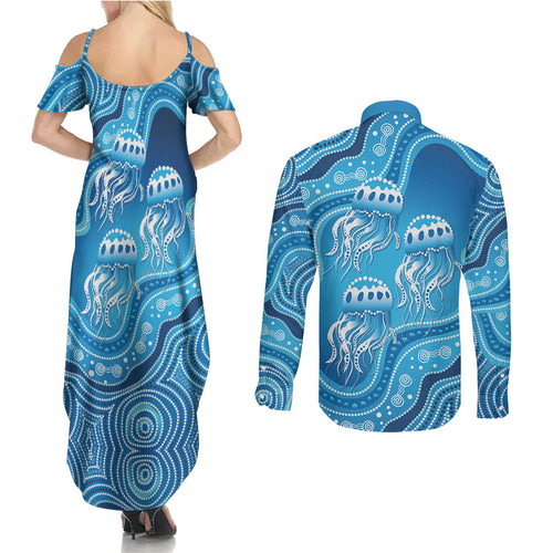 Aboriginal Ocean Jellyfish Couples Matching Summer Maxi Dress and Long Sleeve Button Shirt Dot Art Dreamtime Style