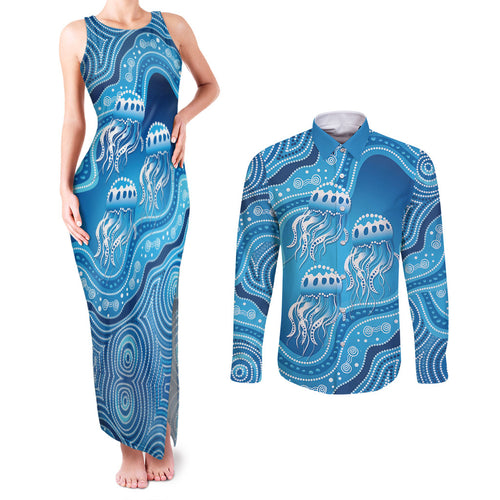 Aboriginal Ocean Jellyfish Couples Matching Tank Maxi Dress and Long Sleeve Button Shirt Dot Art Dreamtime Style