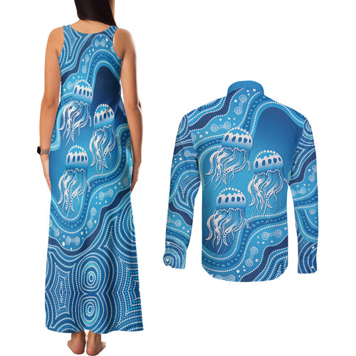 Aboriginal Ocean Jellyfish Couples Matching Tank Maxi Dress and Long Sleeve Button Shirt Dot Art Dreamtime Style