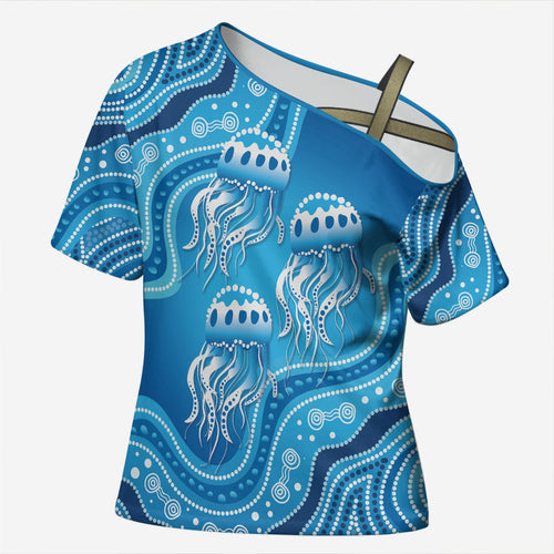 Aboriginal Ocean Jellyfish Cross Shoulder Shirt Dot Art Dreamtime Style