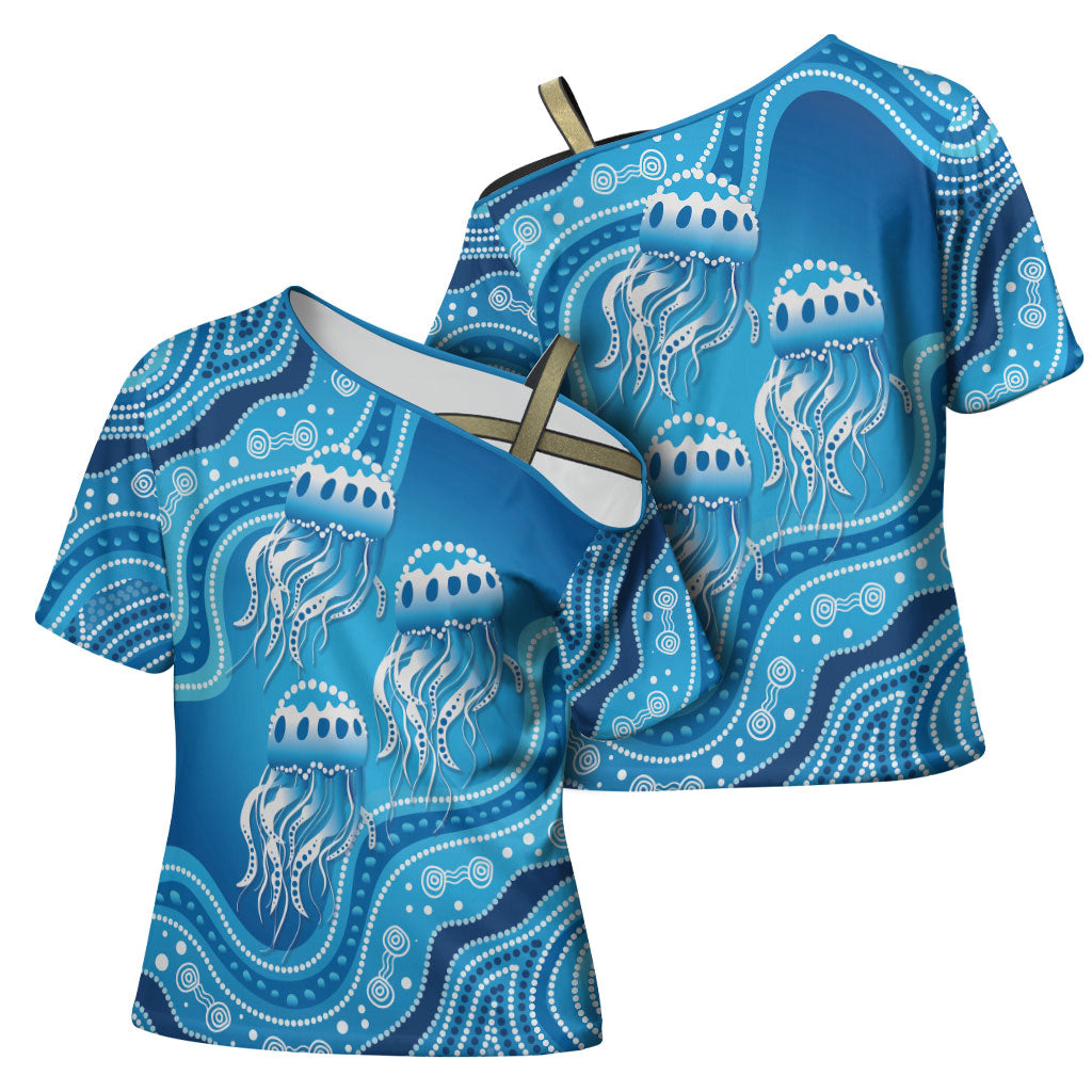 Aboriginal Ocean Jellyfish Cross Shoulder Shirt Dot Art Dreamtime Style