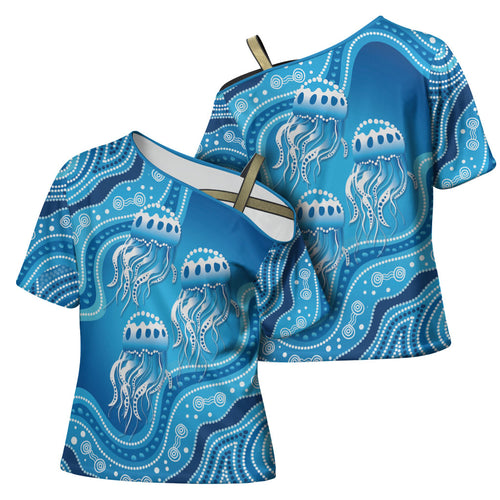 Aboriginal Ocean Jellyfish Cross Shoulder Shirt Dot Art Dreamtime Style