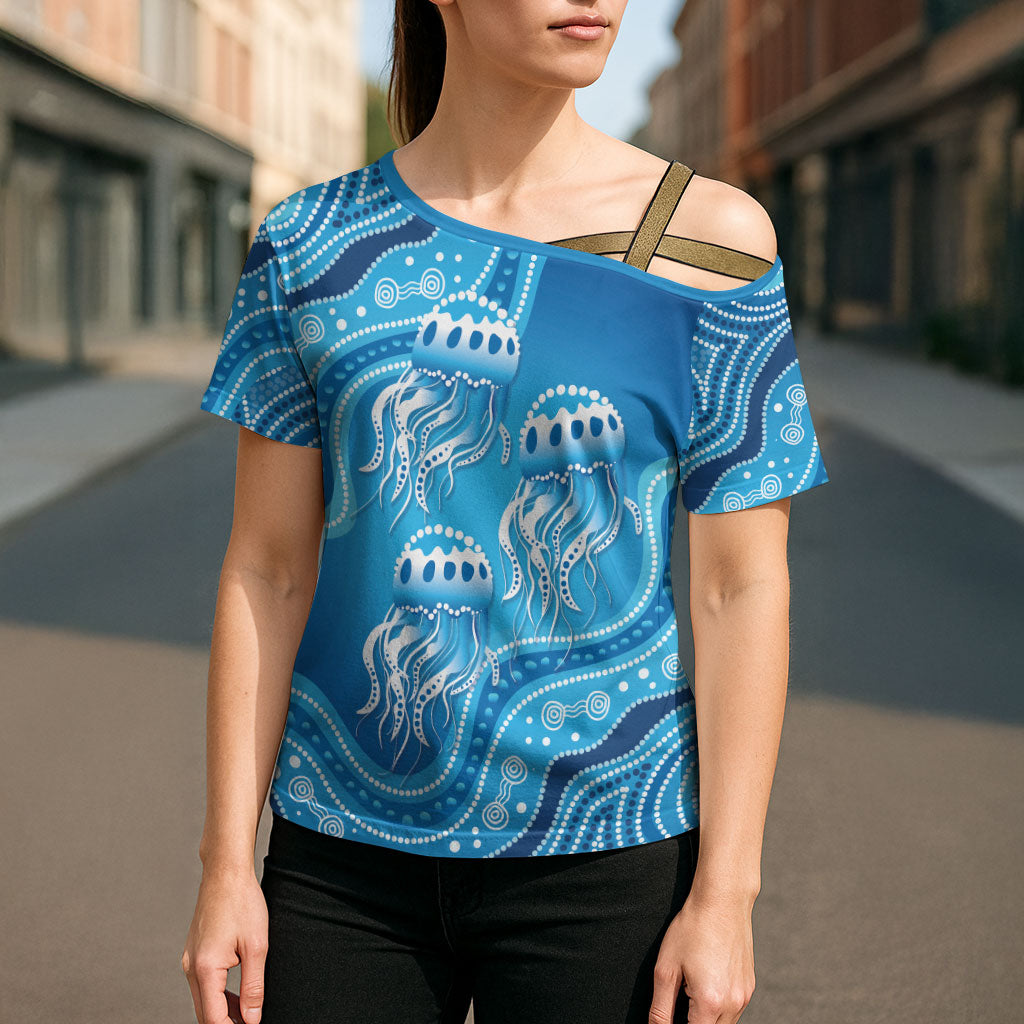 Aboriginal Ocean Jellyfish Cross Shoulder Shirt Dot Art Dreamtime Style
