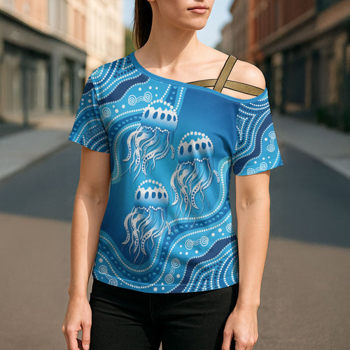 Aboriginal Ocean Jellyfish Cross Shoulder Shirt Dot Art Dreamtime Style