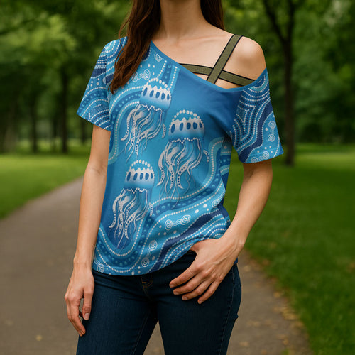 Aboriginal Ocean Jellyfish Cross Shoulder Shirt Dot Art Dreamtime Style