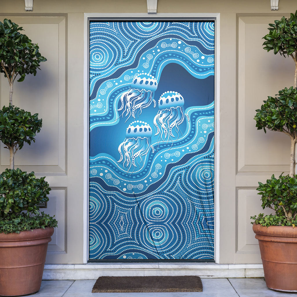 Aboriginal Ocean Jellyfish Door Cover Dot Art Dreamtime Style