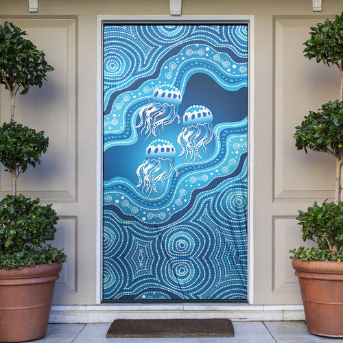 Aboriginal Ocean Jellyfish Door Cover Dot Art Dreamtime Style