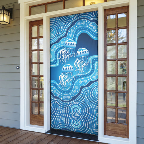 Aboriginal Ocean Jellyfish Door Cover Dot Art Dreamtime Style