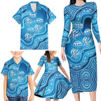 Aboriginal Ocean Jellyfish Family Matching Long Sleeve Bodycon Dress and Hawaiian Shirt Dot Art Dreamtime Style