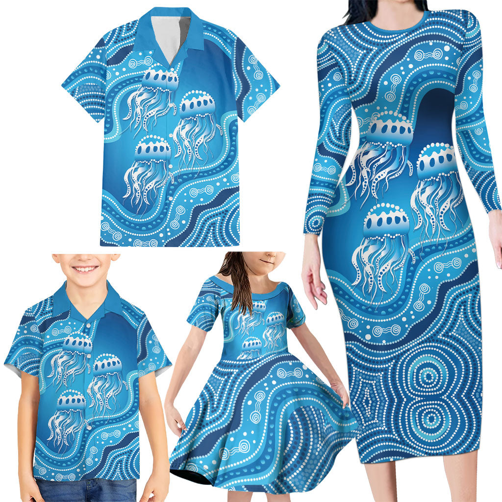 Aboriginal Ocean Jellyfish Family Matching Long Sleeve Bodycon Dress and Hawaiian Shirt Dot Art Dreamtime Style