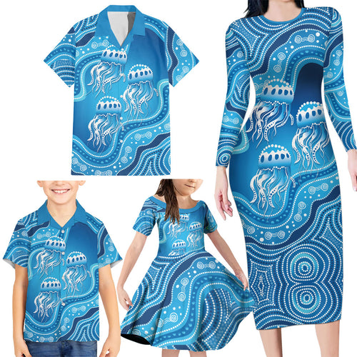 Aboriginal Ocean Jellyfish Family Matching Long Sleeve Bodycon Dress and Hawaiian Shirt Dot Art Dreamtime Style