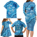 Aboriginal Ocean Jellyfish Family Matching Long Sleeve Bodycon Dress and Hawaiian Shirt Dot Art Dreamtime Style
