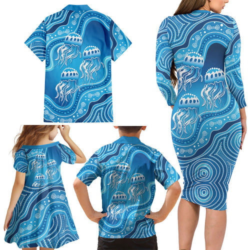 Aboriginal Ocean Jellyfish Family Matching Long Sleeve Bodycon Dress and Hawaiian Shirt Dot Art Dreamtime Style