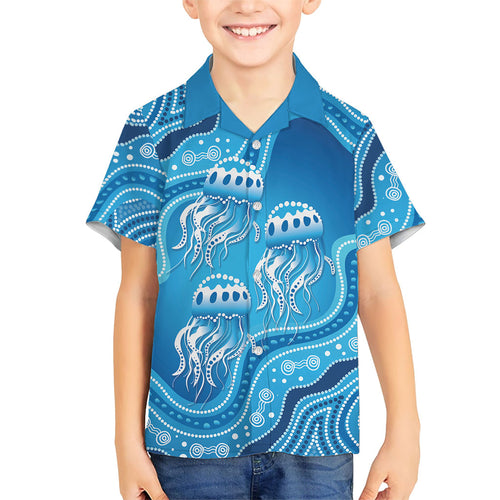 Aboriginal Ocean Jellyfish Family Matching Long Sleeve Bodycon Dress and Hawaiian Shirt Dot Art Dreamtime Style